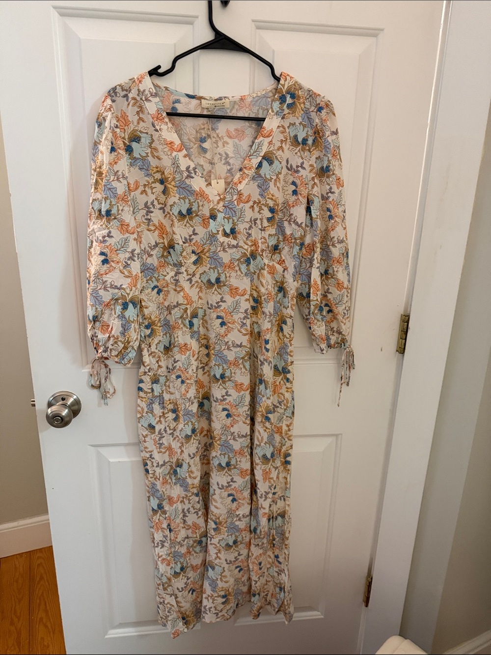 lovestitch Cream Floral Midi Dress with Blue & Rust Accents